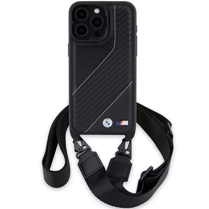 BMW BMHCP15X23PSCCK Capa rígida preta M Edition Carbon Stripe & Strap para iPhone 15 Pro Max 6,7