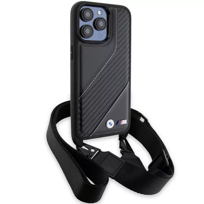 BMW BMHCP15X23PSCCK Capa rígida preta M Edition Carbon Stripe & Strap para iPhone 15 Pro Max 6,7