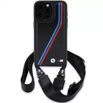 BMW M Edition Capa rígida Carbon Tricolor Lines com alça de mão para Apple iPhone 15 Pro Max 6,7