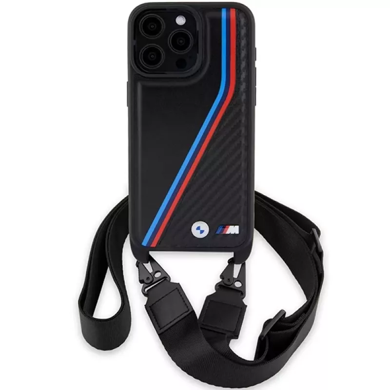 BMW M Edition Capa rígida Carbon Tricolor Lines com alça de mão para Apple iPhone 15 Pro Max 6,7