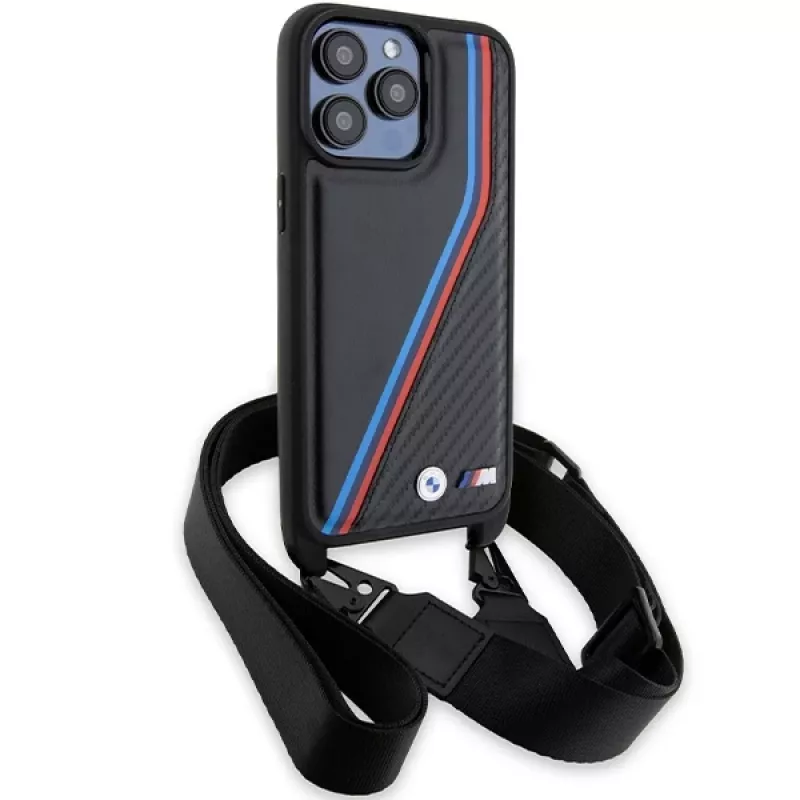 BMW M Edition Capa rígida Carbon Tricolor Lines com alça de mão para Apple iPhone 15 Pro Max 6,7