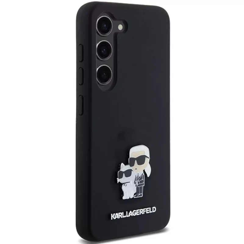 Capa rígida em silicone Karl Lagerfeld KLHCS23SSMHKCNPK S23 S911 preta Karl & Choupette Metal Pin
