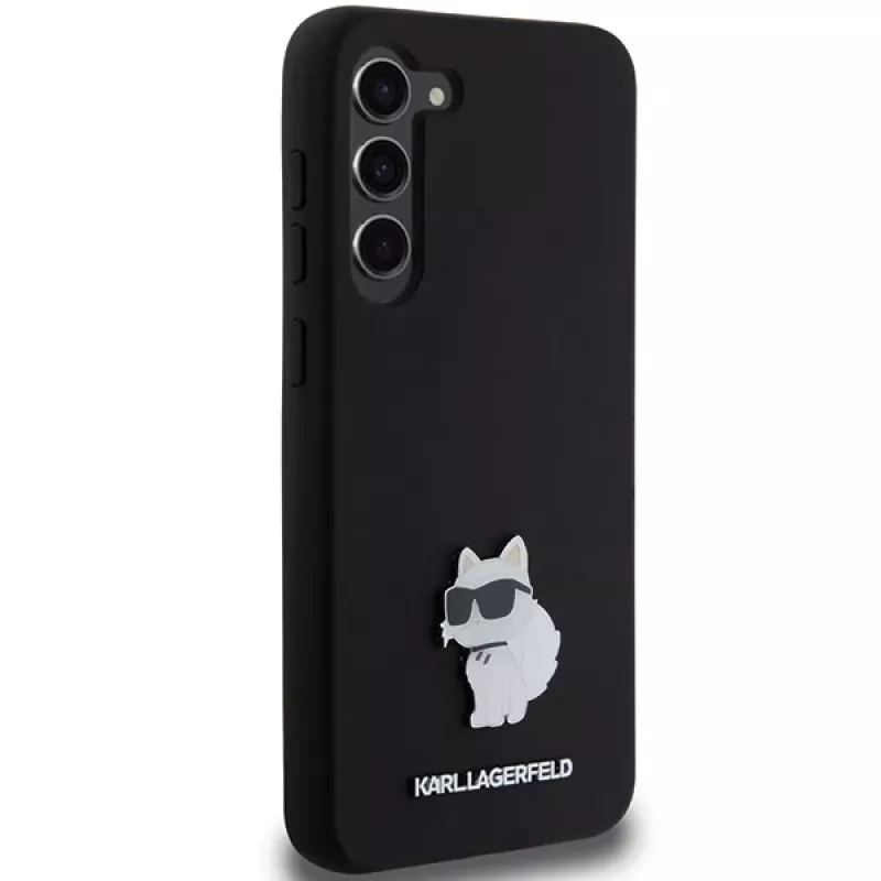 Capa rígida em silicone Karl Lagerfeld KLHCS23MSMHCNPK S23+ S916 preta Choupette Metal Pin