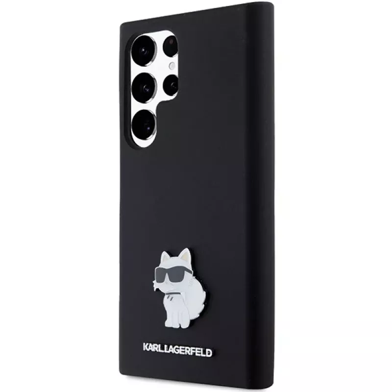Capa rígida em silicone Karl Lagerfeld KLHCS23LSMHCNPK S23 Ultra S918 preta Choupette Metal Pin
