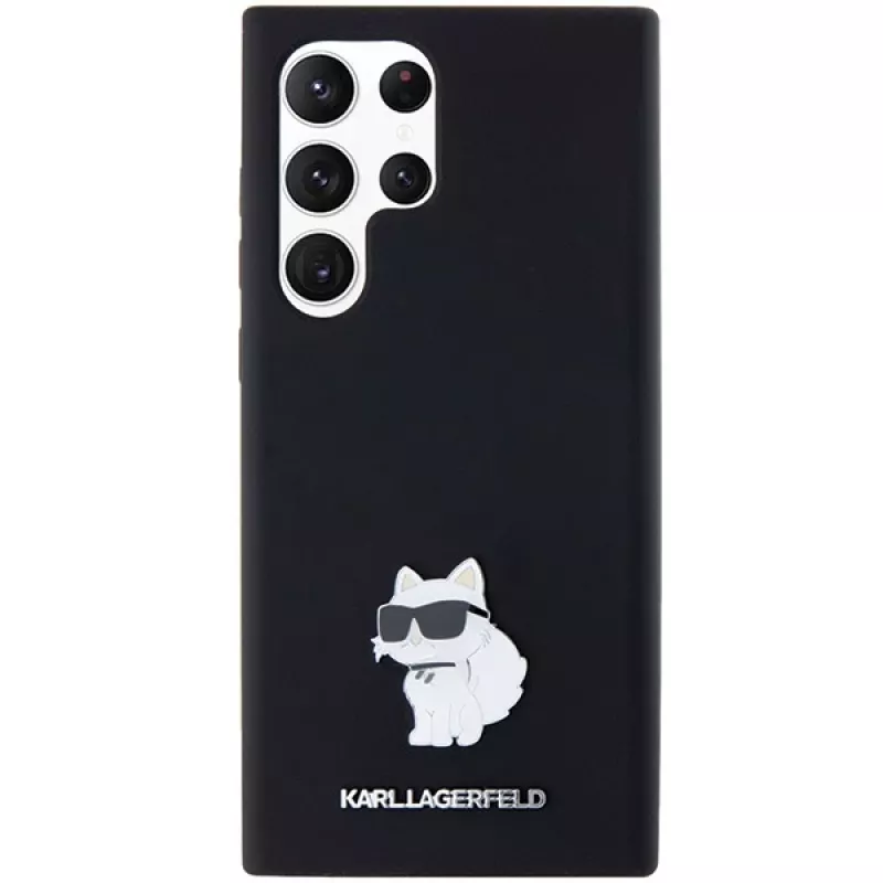 Capa rígida em silicone Karl Lagerfeld KLHCS23LSMHCNPK S23 Ultra S918 preta Choupette Metal Pin