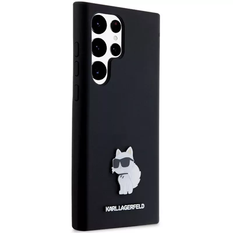 Capa rígida em silicone Karl Lagerfeld KLHCS23LSMHCNPK S23 Ultra S918 preta Choupette Metal Pin