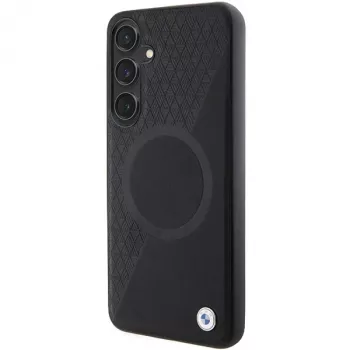 Capa rígida em pele BMW Signature para Samsung Galaxy S24+ - Half Textured & Circle MagSafe - preta