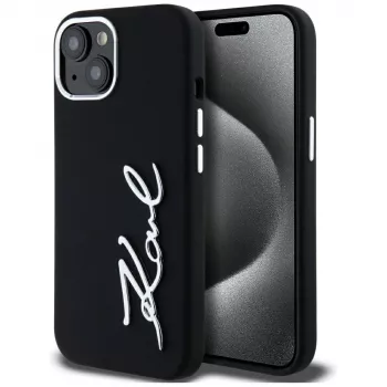 KARL LAGERFELD Capa em silicone Metal Script Logo para Apple iPhone 15, preto