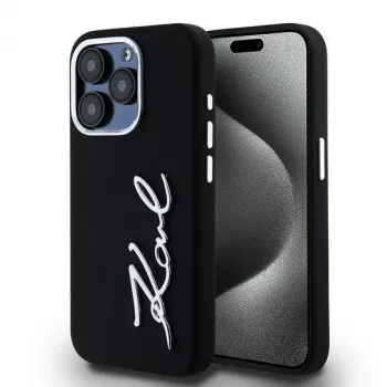 Karl Lagerfeld KLHCP15LSCMSMVK Capa rígida em silicone Metal Script Logo para iPhone 15 Pro 6.1 preto