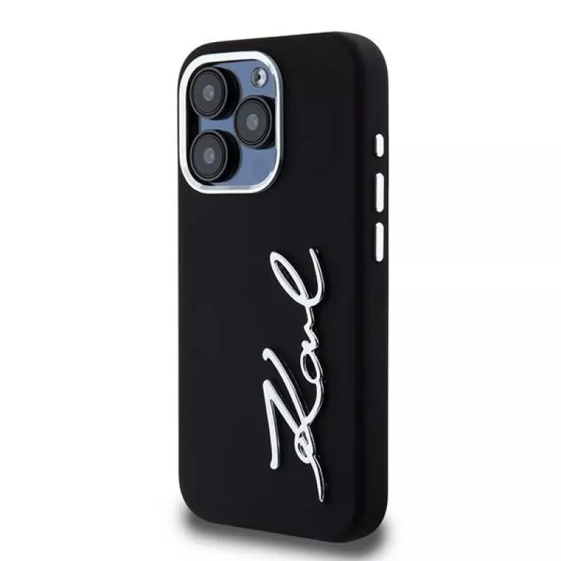 Karl Lagerfeld KLHCP15LSCMSMVK Capa rígida em silicone Metal Script Logo para iPhone 15 Pro 6.1 preto