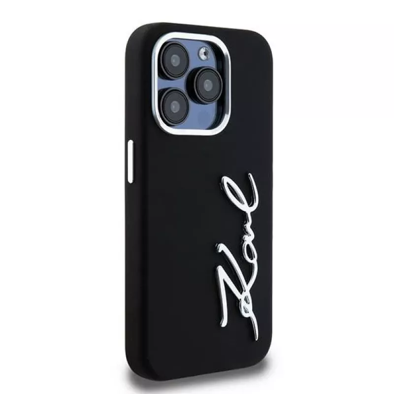 Karl Lagerfeld KLHCP15LSCMSMVK Capa rígida em silicone Metal Script Logo para iPhone 15 Pro 6.1 preto