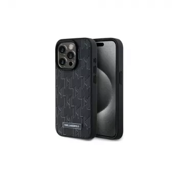 Karl Lagerfeld KLHMP15LPKHPORPK iPhone 15 Pro 6.1 Capa rígida em pele preta Monogram Metal Logo MagSafe
