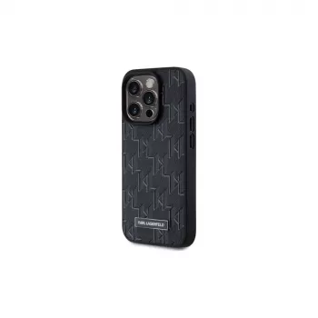 Karl Lagerfeld KLHMP15LPKHPORPK iPhone 15 Pro 6.1 Capa rígida em pele preta Monogram Metal Logo MagSafe