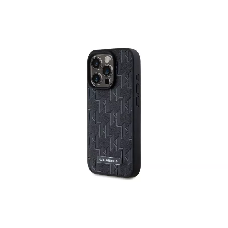 Karl Lagerfeld KLHMP15LPKHPORPK iPhone 15 Pro 6.1 Capa rígida em pele preta Monogram Metal Logo MagSafe