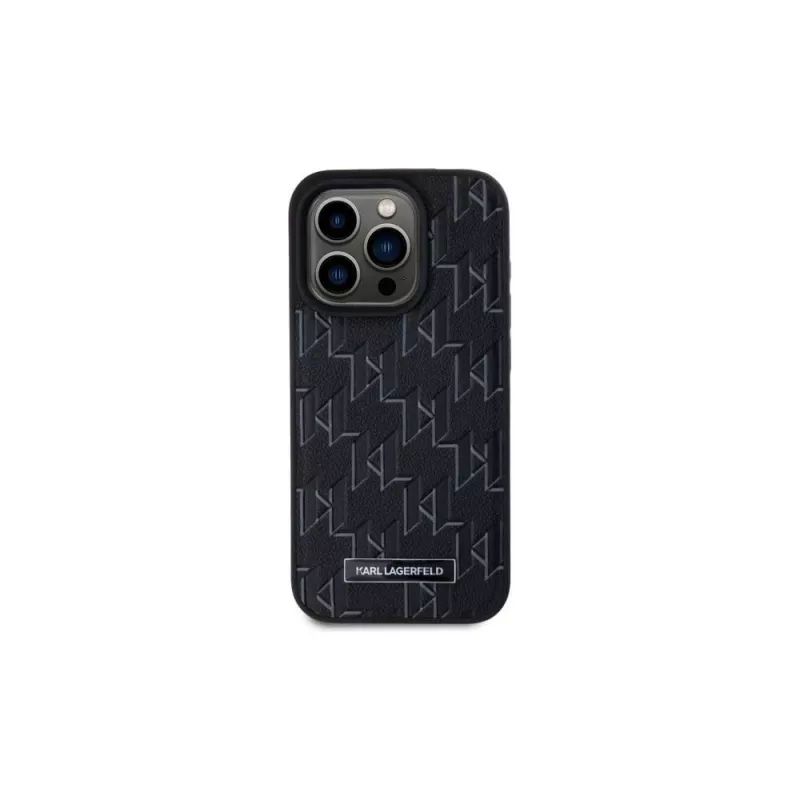 Karl Lagerfeld KLHMP15LPKHPORPK iPhone 15 Pro 6.1 Capa rígida em pele preta Monogram Metal Logo MagSafe