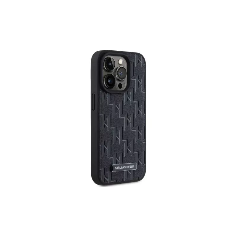 Karl Lagerfeld KLHMP15LPKHPORPK iPhone 15 Pro 6.1 Capa rígida em pele preta Monogram Metal Logo MagSafe