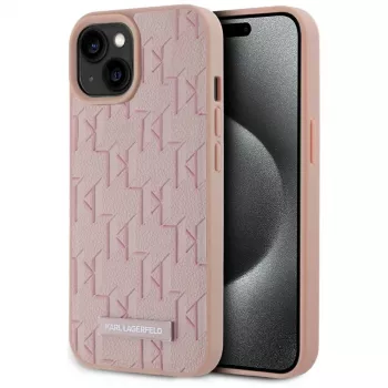Karl Lagerfeld Capa MagSafe em pele Monogram Metal Logo para iPhone 15 rosa