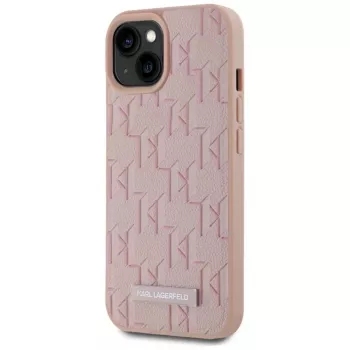 Karl Lagerfeld Capa MagSafe em pele Monogram Metal Logo para iPhone 15 rosa