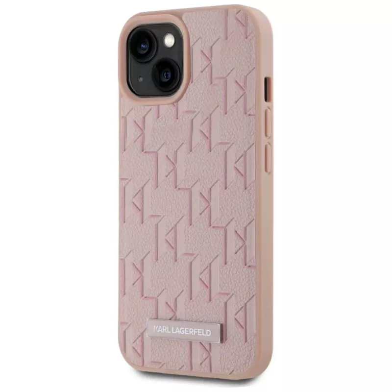 Karl Lagerfeld Capa MagSafe em pele Monogram Metal Logo para iPhone 15 rosa