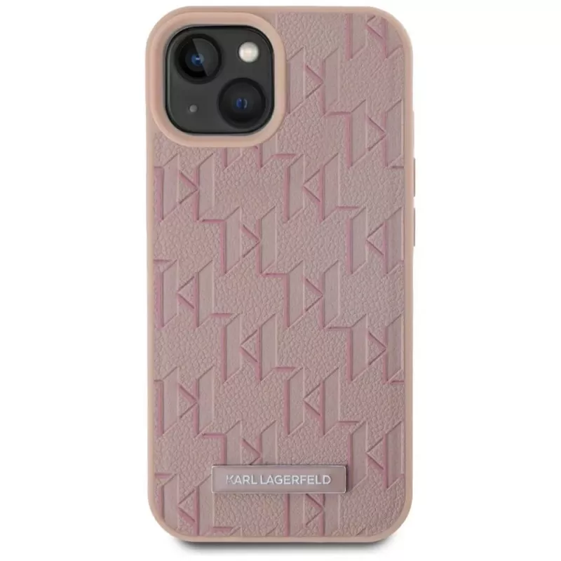 Karl Lagerfeld Capa MagSafe em pele Monogram Metal Logo para iPhone 15 rosa