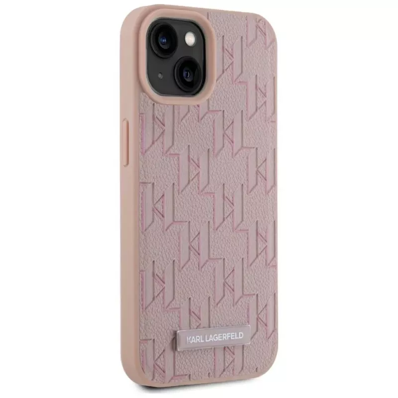 Karl Lagerfeld Capa MagSafe em pele Monogram Metal Logo para iPhone 15 rosa