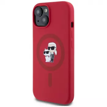 KARL LAGERFELD Capa em silicone para iPhone 15 com MagSafe e suporte de anel - Karl & Choupette Heads - vermelho