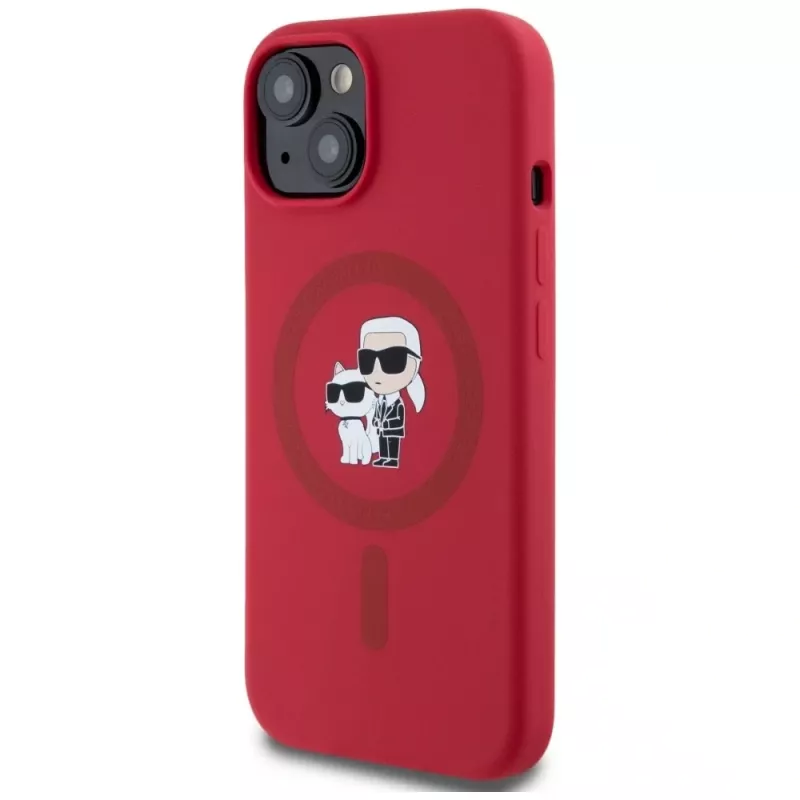 KARL LAGERFELD Capa em silicone para iPhone 15 com MagSafe e suporte de anel - Karl & Choupette Heads - vermelho