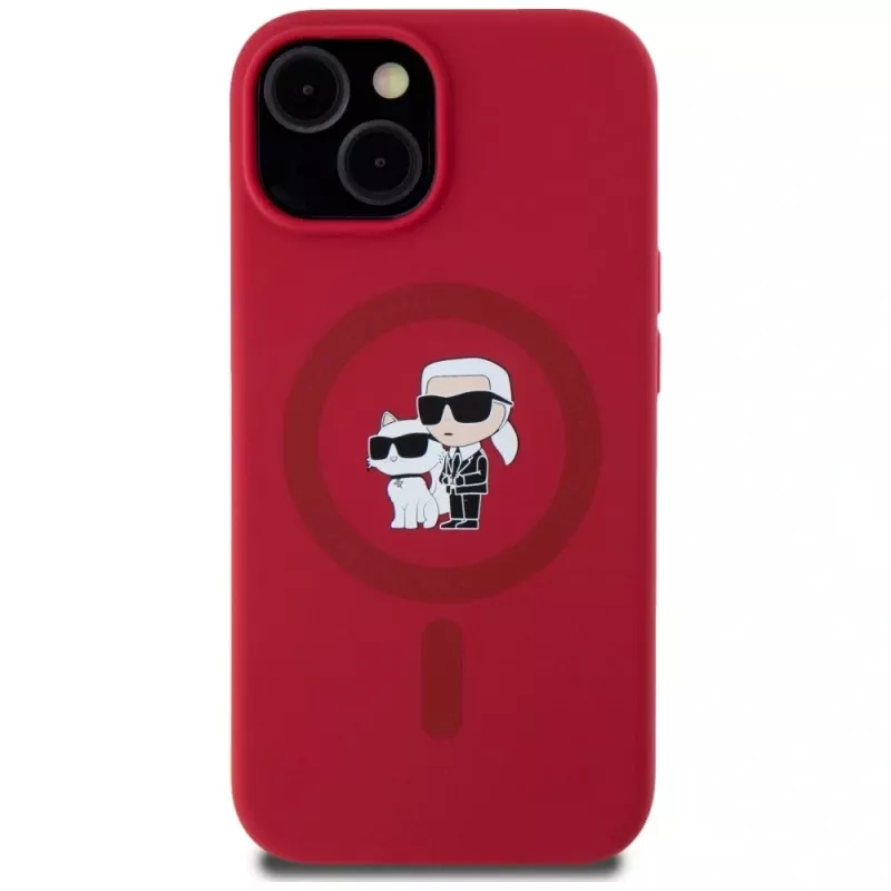 KARL LAGERFELD Capa em silicone para iPhone 15 com MagSafe e suporte de anel - Karl & Choupette Heads - vermelho