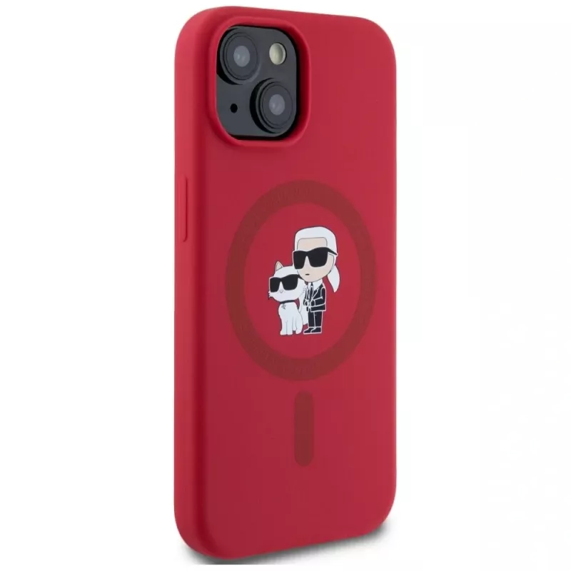 KARL LAGERFELD Capa em silicone para iPhone 15 com MagSafe e suporte de anel - Karl & Choupette Heads - vermelho