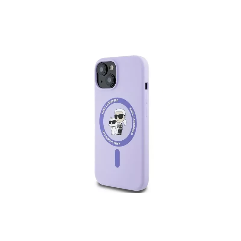 Karl Lagerfeld KLHMP15SSCMKCRHU iPhone 15 6,1 polegadas Capa rígida em silicone roxa com cabeças Karl & Choupette, anel e MagSafe