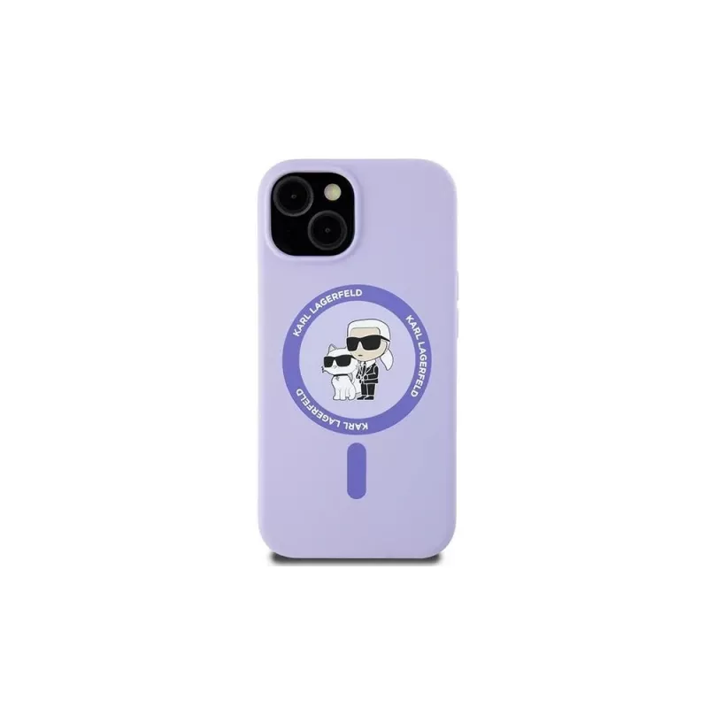 Karl Lagerfeld KLHMP15SSCMKCRHU iPhone 15 6,1 polegadas Capa rígida em silicone roxa com cabeças Karl & Choupette, anel e MagSafe