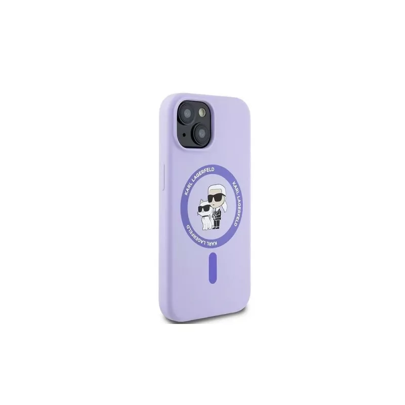 Karl Lagerfeld KLHMP15SSCMKCRHU iPhone 15 6,1 polegadas Capa rígida em silicone roxa com cabeças Karl & Choupette, anel e MagSafe
