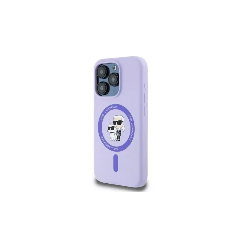 Karl Lagerfeld KLHMP15LSCMKCRHU iPhone 15 Pro 6,1 polegadas Capa em silicone roxa com cabeças Karl & Choupette, anel e MagSafe