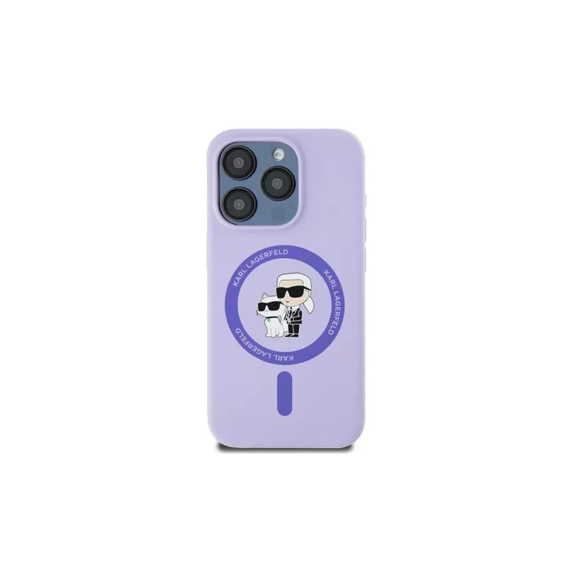 Karl Lagerfeld KLHMP15LSCMKCRHU iPhone 15 Pro 6,1 polegadas Capa em silicone roxa com cabeças Karl & Choupette, anel e MagSafe