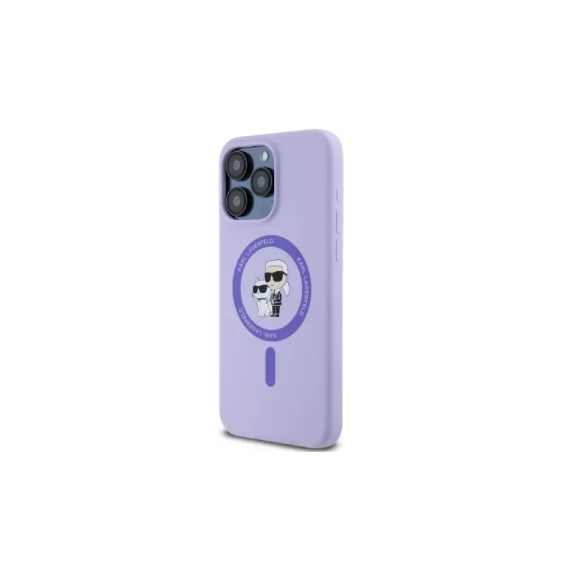 Karl Lagerfeld iPhone 15 Pro Max 6,7 polegadas Capa rígida em silicone roxa com cabeças Karl & Choupette, anel e MagSafe