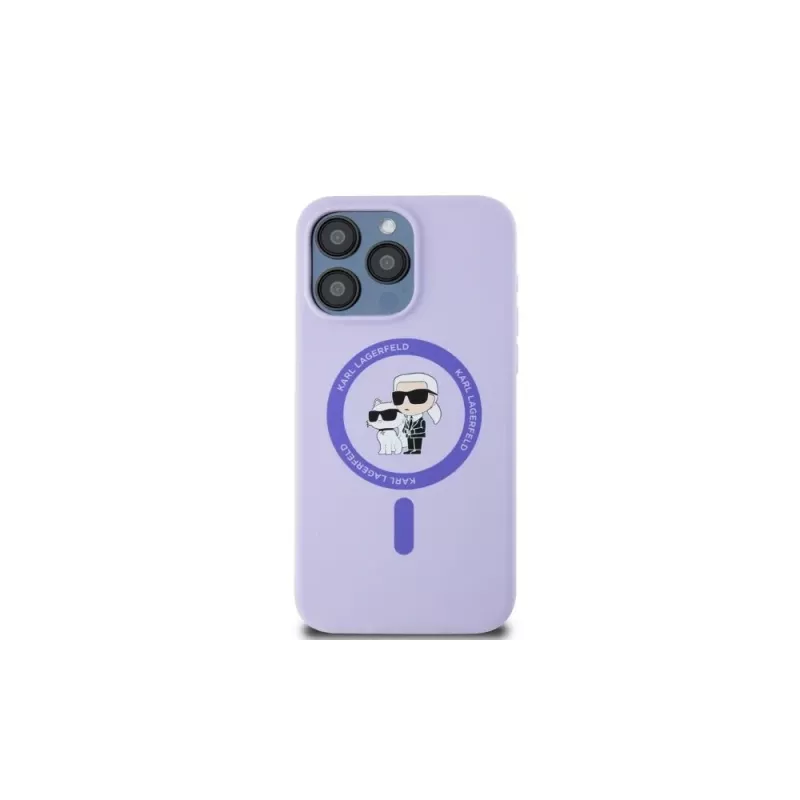 Karl Lagerfeld iPhone 15 Pro Max 6,7 polegadas Capa rígida em silicone roxa com cabeças Karl & Choupette, anel e MagSafe
