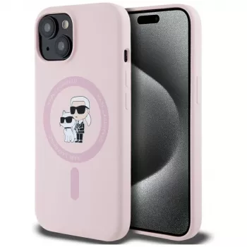 Karl Lagerfeld Capa MagSafe em silicone Karl & Choupette para iPhone 15 Plus rosa