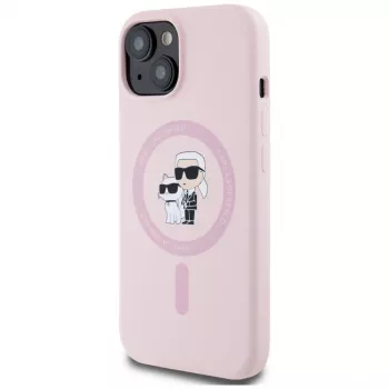 Karl Lagerfeld Capa MagSafe em silicone Karl & Choupette para iPhone 15 Plus rosa