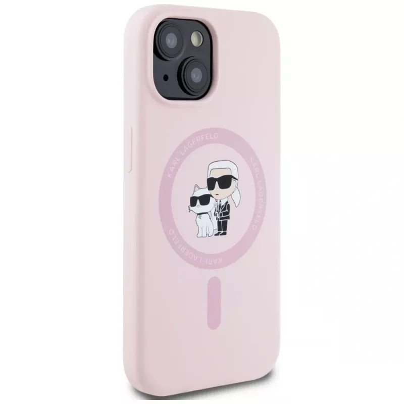 Karl Lagerfeld Capa MagSafe em silicone Karl & Choupette para iPhone 15 Plus rosa