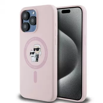 Karl Lagerfeld KLHMP15LSCMKCRHP iPhone 15 Pro 6,1 polegadas Capa rígida em silicone rosa Karl & Choupette MagSafe