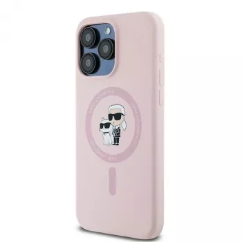 Karl Lagerfeld KLHMP15LSCMKCRHP iPhone 15 Pro 6,1 polegadas Capa rígida em silicone rosa Karl & Choupette MagSafe