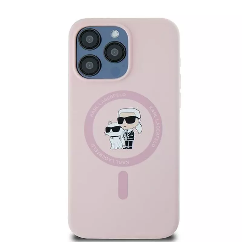 Karl Lagerfeld KLHMP15LSCMKCRHP iPhone 15 Pro 6,1 polegadas Capa rígida em silicone rosa Karl & Choupette MagSafe