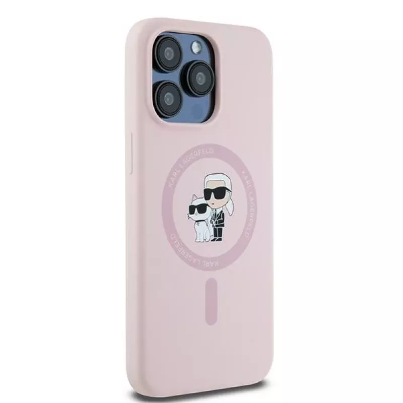 Karl Lagerfeld KLHMP15LSCMKCRHP iPhone 15 Pro 6,1 polegadas Capa rígida em silicone rosa Karl & Choupette MagSafe