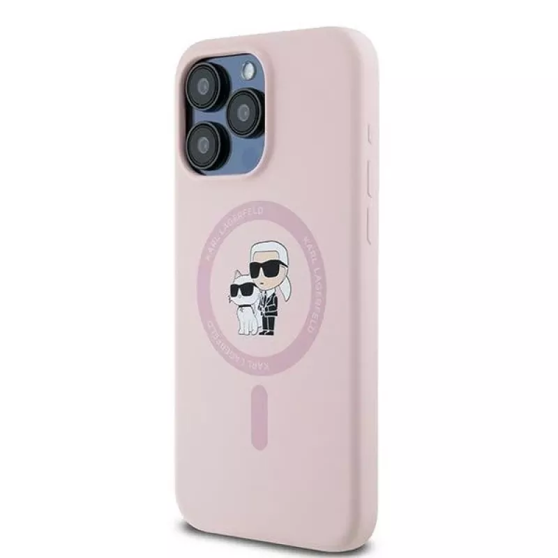 Karl Lagerfeld KLHMP15XSCMKCRHP iPhone 15 Pro Max 6,7 polegadas Capa rígida em silicone rosa com anel Karl & Choupette e MagSafe