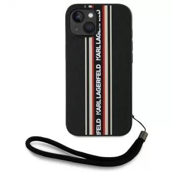 KARL LAGERFELD Capa Saffiano Athleisure Stripes Cord para iPhone 15, preto-vermelho