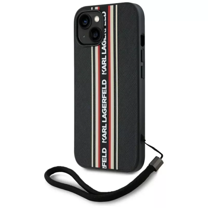 KARL LAGERFELD Capa Saffiano Athleisure Stripes Cord para iPhone 15, preto-vermelho