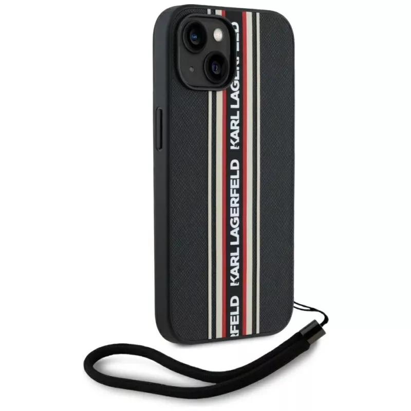 KARL LAGERFELD Capa Saffiano Athleisure Stripes Cord para iPhone 15, preto-vermelho