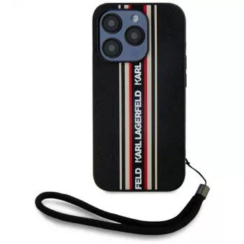 KARL LAGERFELD Capa Saffiano Athleisure Stripes Cord para iPhone 15 Pro, preto/vermelho