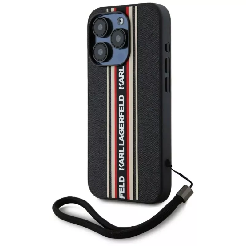 KARL LAGERFELD Capa Saffiano Athleisure Stripes Cord para iPhone 15 Pro, preto/vermelho