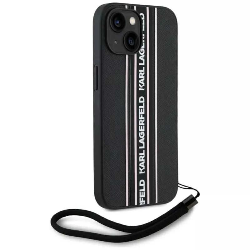 Karl Lagerfeld Capa Saffiano Athleisure Stripes Cord para iPhone 15, preto-rosa